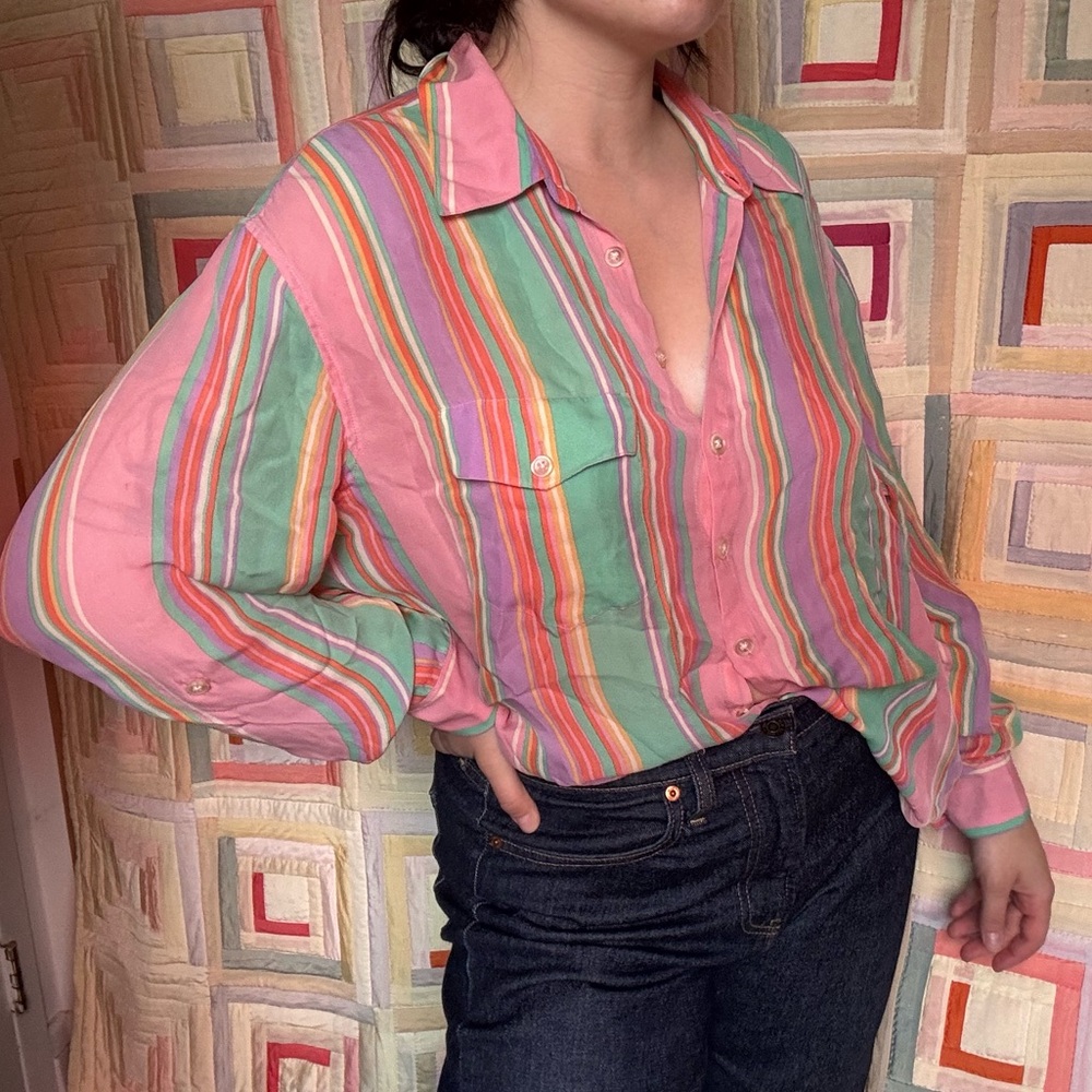 Ralph Lauren Pink and Green Silk Striped Button-Down